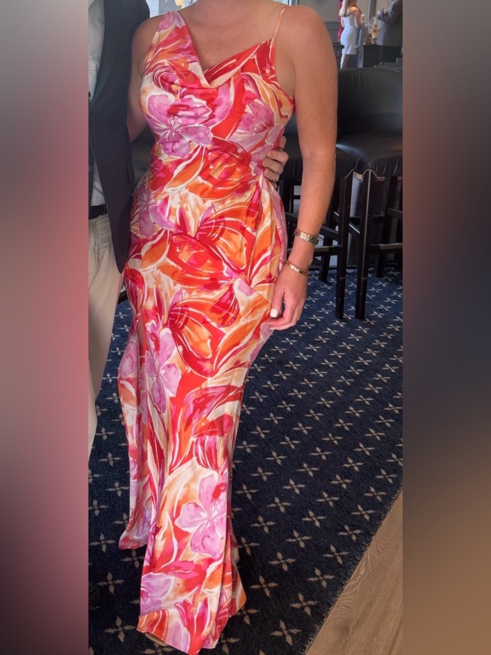 Pink & Orange satin Floral Maxi Dress gown